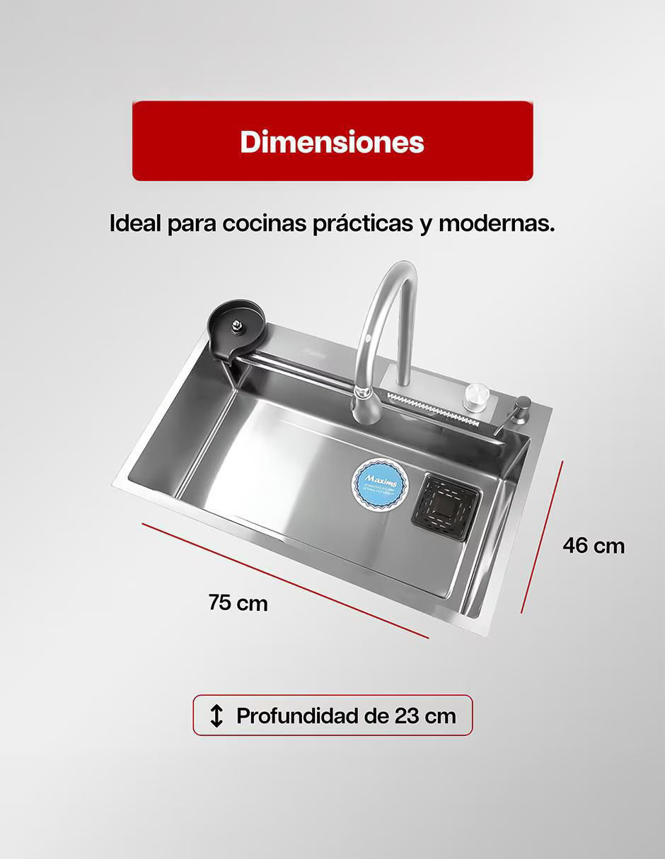 Kit Perrón Satinado Maxims! Tarja, Monomando, recipientes adicionales, dispensador de jabón y lavador de vasos