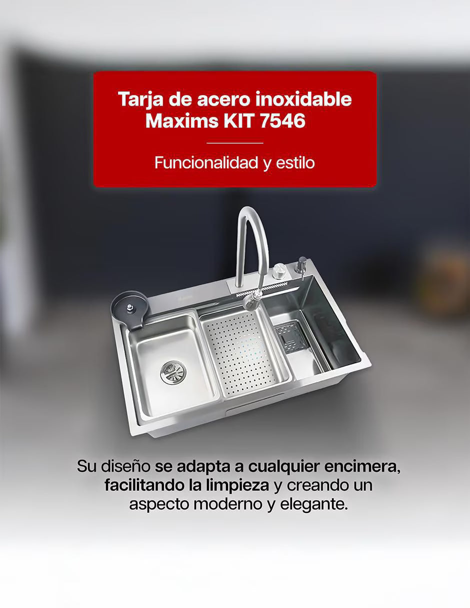 Kit Perrón Satinado Maxims! Tarja, Monomando, recipientes adicionales, dispensador de jabón y lavador de vasos 5