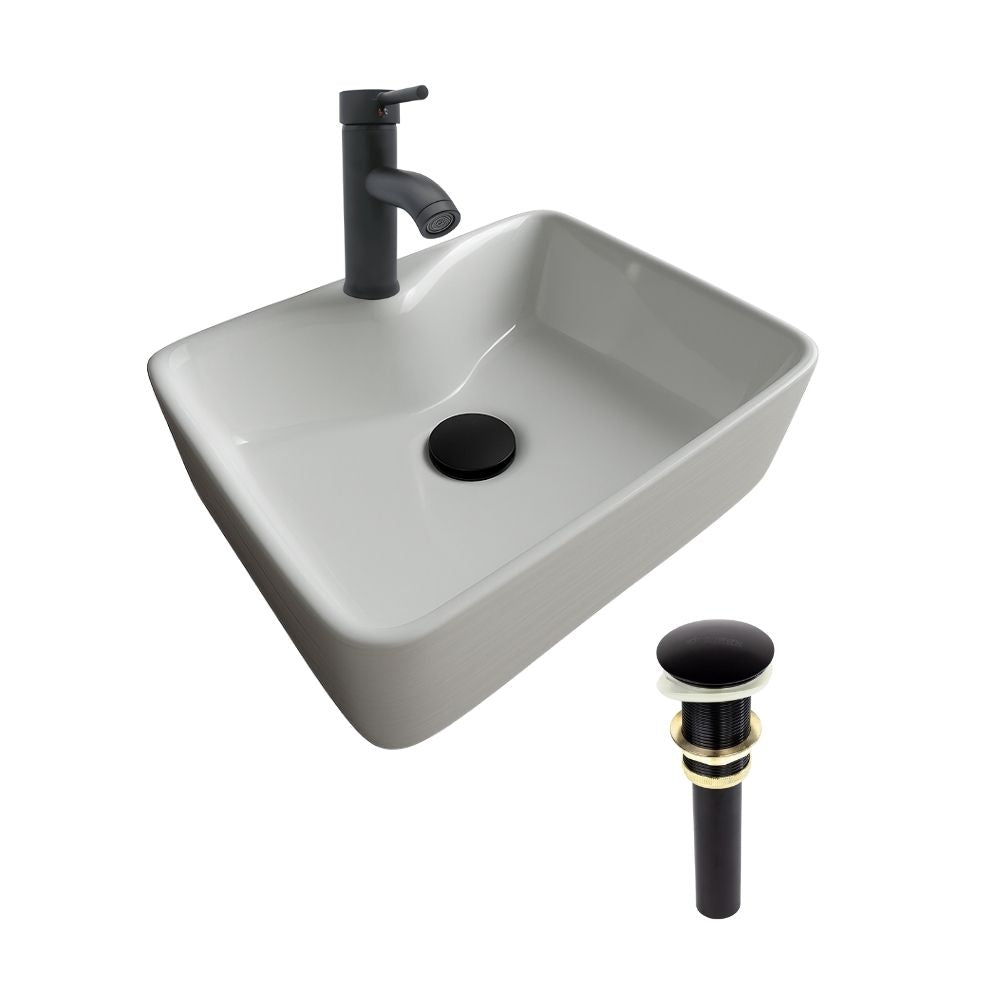 Kit Completo de Lavabo Cerámico con Mezcladora Negra Mate y Contra Canasta Pop Up