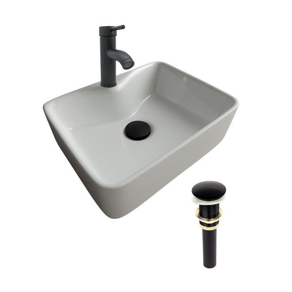 Kit Completo de Lavabo Cerámico con Mezcladora Negra Mate y Contra Canasta Pop Up