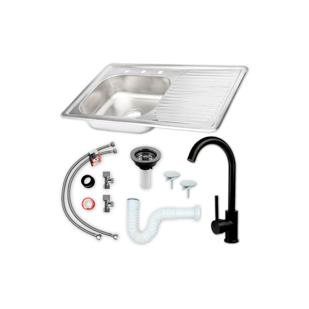 Kit Completo CNX: Tarja con Escurridor Derecho 80 × 50 cm, Mezcladora Monomando Negra y Accesorios de Instalación