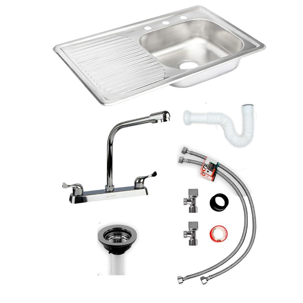 Kit Completo Satinado: Tarja con Escurridor Izquierdo 80 × 50 cm, Mezcladora y Accesorios de Instalación