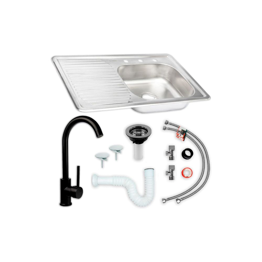 Kit Completo CNX: Tarja con Escurridor Izquierdo 80 × 50 cm, Mezcladora Monomando Negra y Accesorios de Instalación