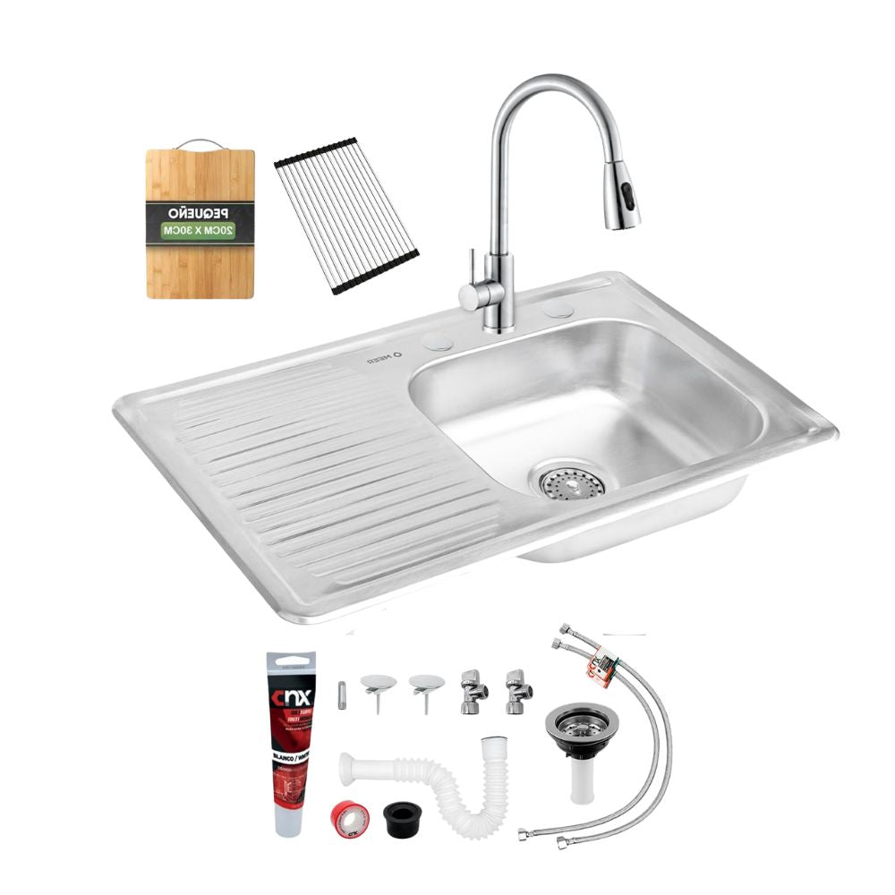 Kit Premium CNX: Tarja Grande con Escurridor Izquierdo, Mezcladora Retráctil y Accesorios de Instalación