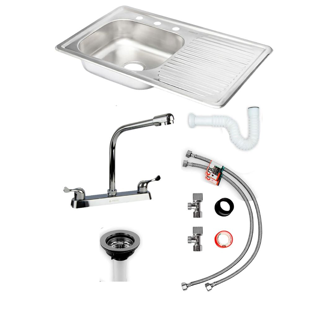 Kit Completo Satinado: Tarja con Escurridor Derecho 80 × 50 cm, Mezcladora y Accesorios de Instalación