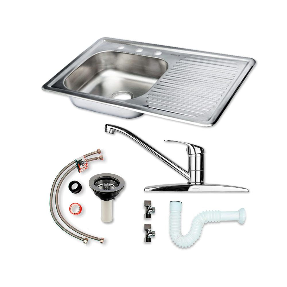Kit Completo CNX: Tarja con Escurridor Derecho 80 × 50 cm, Mezcladora Cromada y Accesorios de Instalación