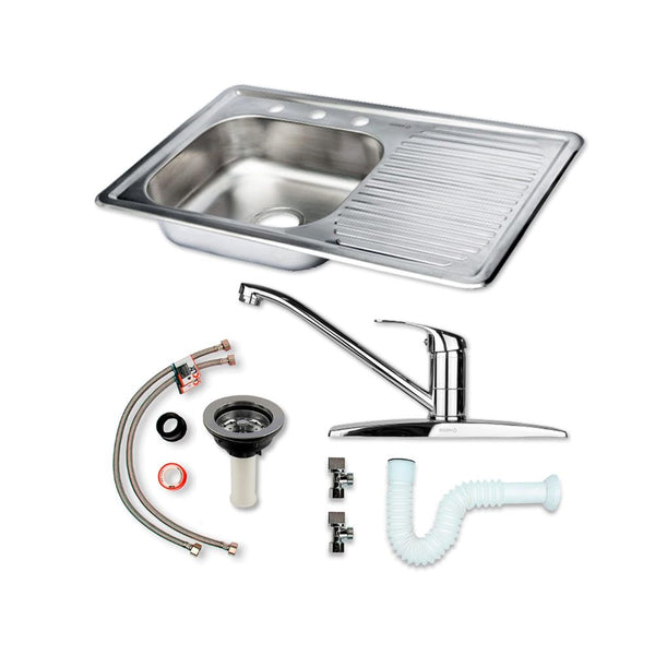 Kit Completo CNX: Tarja con Escurridor Derecho 80 × 50 cm, Mezcladora Cromada y Accesorios de Instalación