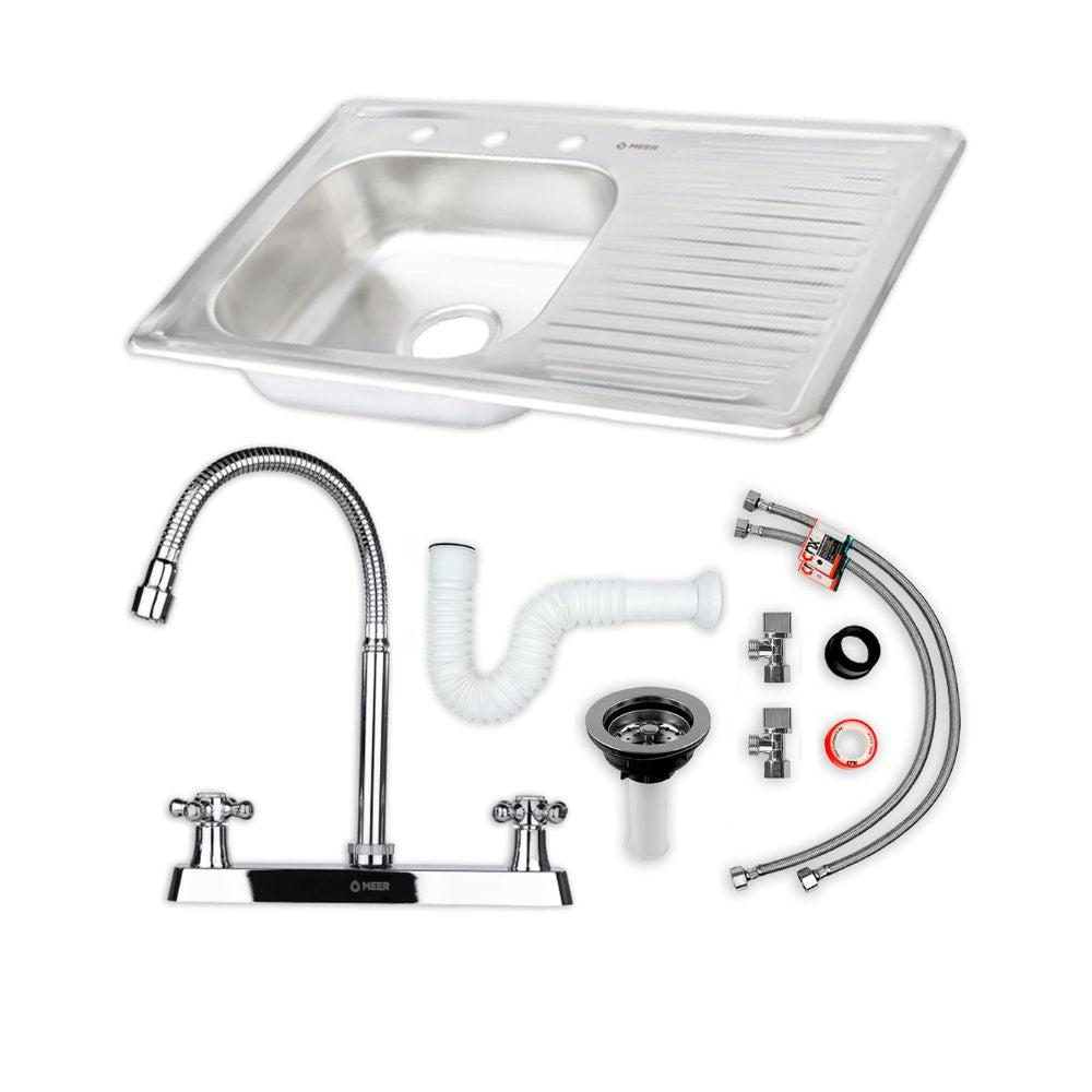 Kit Perron De Tarja: Tarja con Escurridor Derecho 80 × 50 cm, Mezcladora Flexible y Accesorios de Instalación