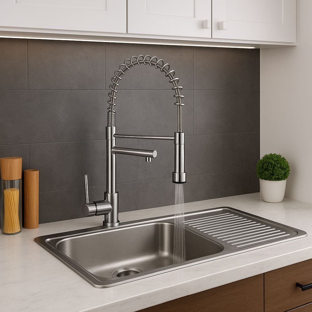 Kit Perrón Premium: Tarja Grande con Escurridor Derecho, Mezcladora y Accesorios de Instalación