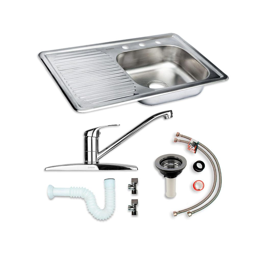 Kit Completo CNX: Tarja con Escurridor Izquierdo 80 × 50 cm, Mezcladora Cromada y Accesorios de Instalación