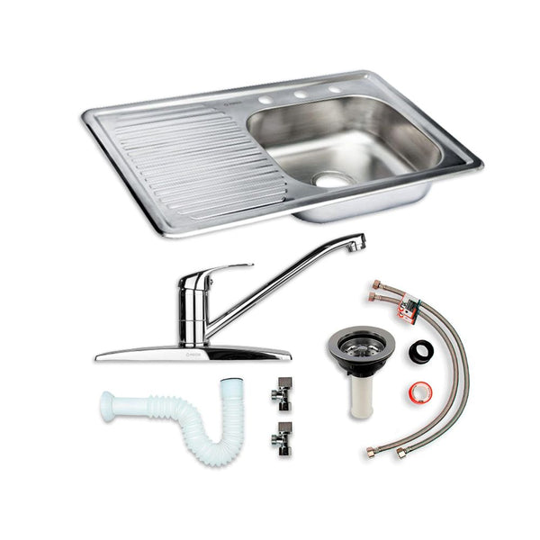 Kit Completo CNX: Tarja con Escurridor Izquierdo 80 × 50 cm, Mezcladora Cromada y Accesorios de Instalación
