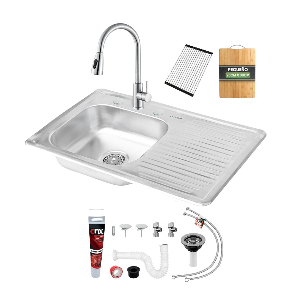 Kit Premium CNX: Tarja Grande con Escurridor Derecho, Mezcladora Retráctil y Accesorios de Instalación