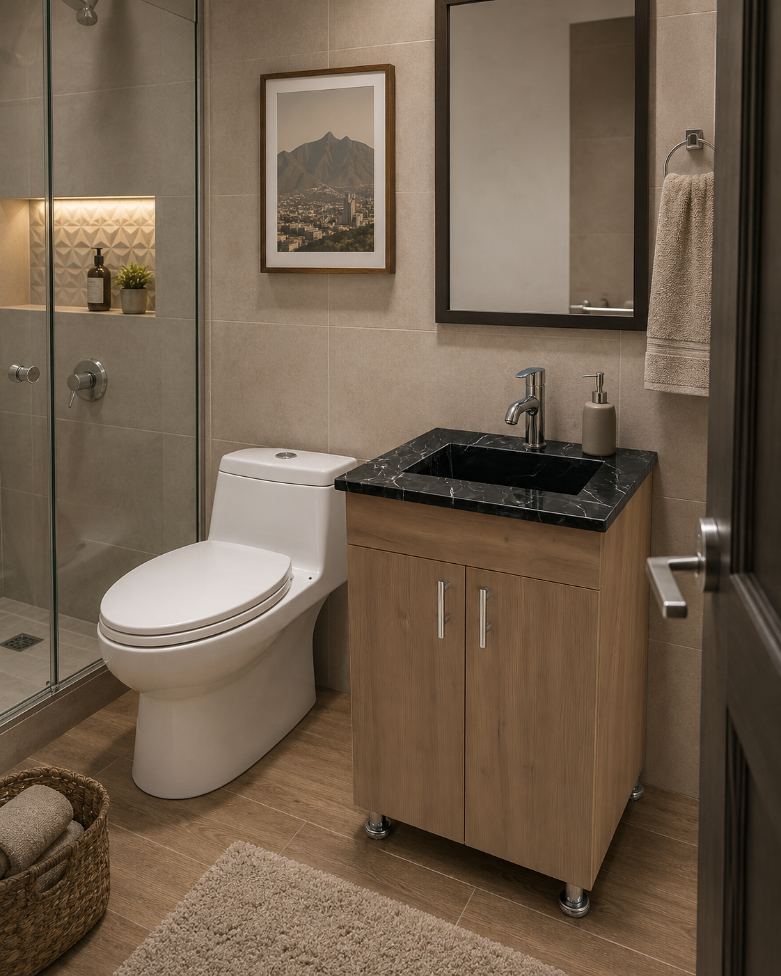 Lavabo Elegante con Superficie de Mármol Negro, 54cmx45cmx85cm, MDF 3