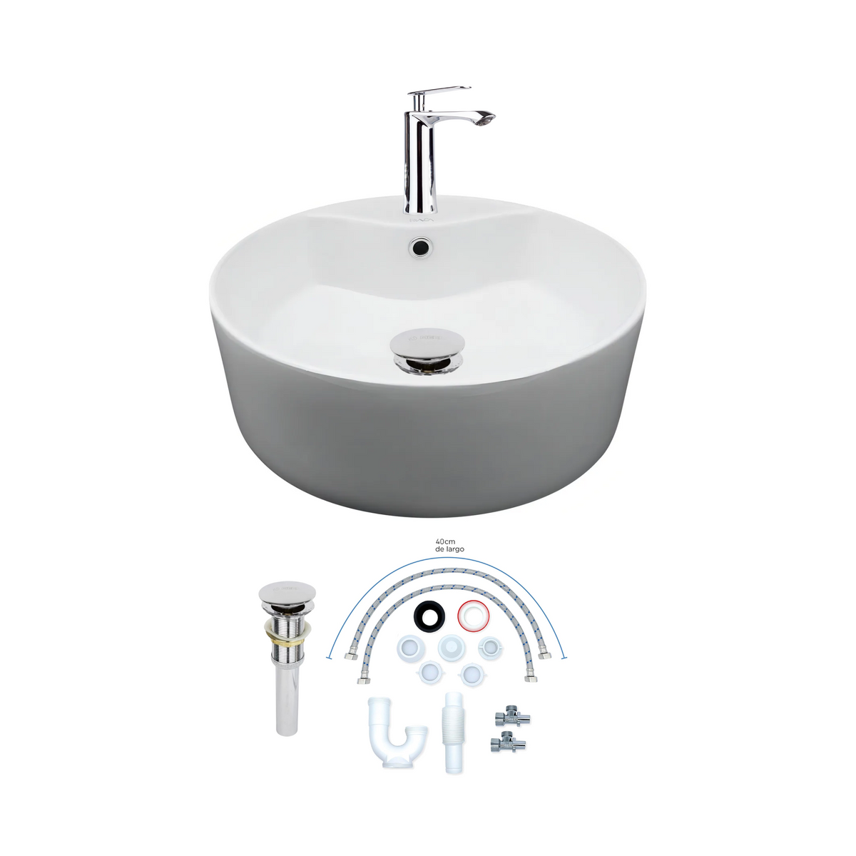 Kit Completo para Lavabo, Lavabo Redondo, Mezcladora, Contra Canasta y Kit de Instalación