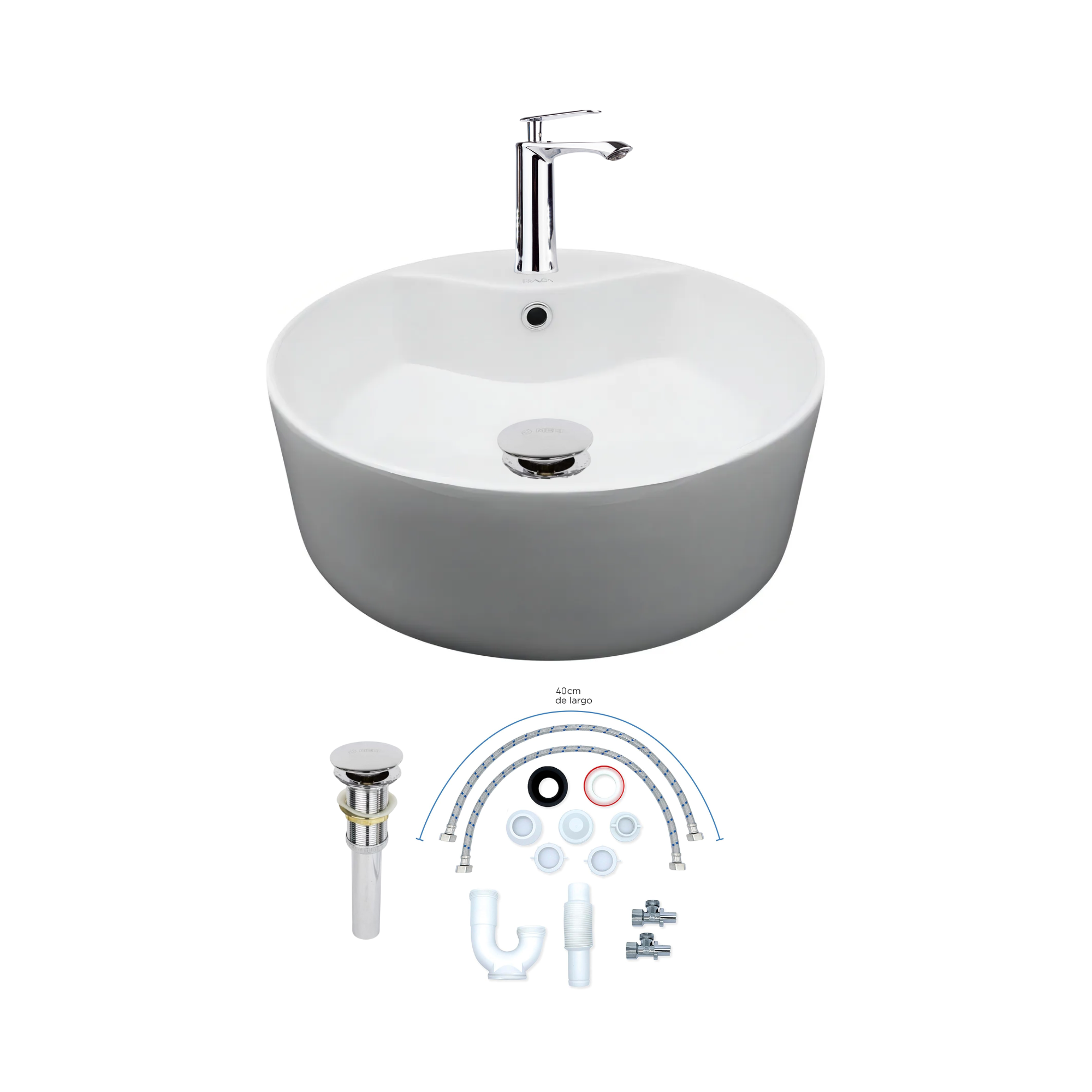 Kit Completo para Lavabo, Lavabo Redondo, Mezcladora, Contra Canasta y Kit de Instalación 1