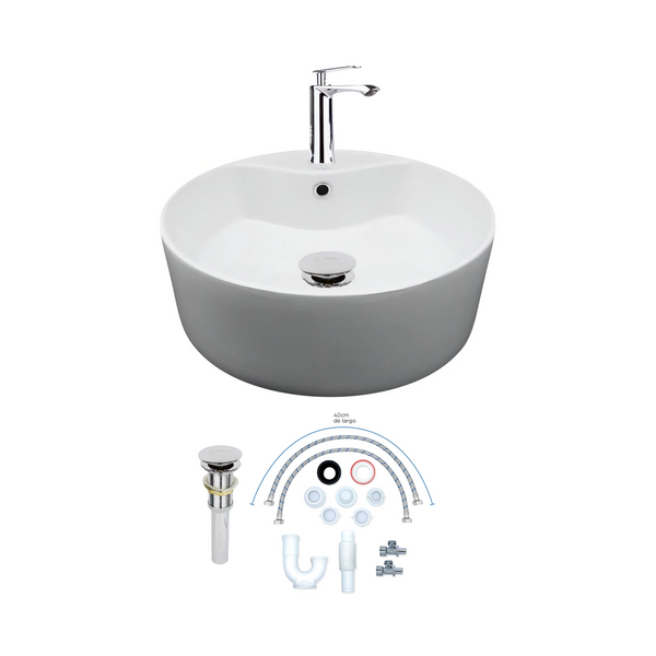 Kit Completo para Lavabo, Lavabo Redondo, Mezcladora, Contra Canasta y Kit de Instalación