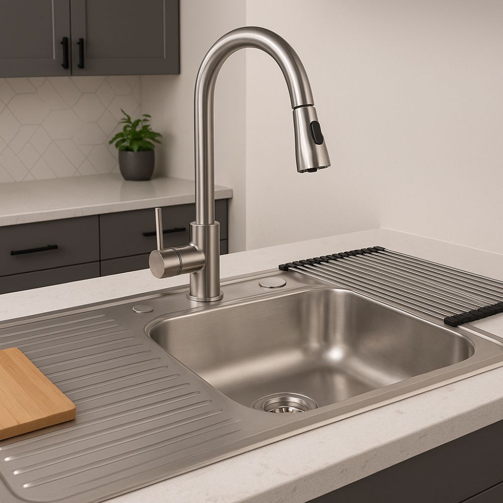 Kit Premium CNX: Tarja Grande con Escurridor Izquierdo, Mezcladora Retráctil y Accesorios de Instalación