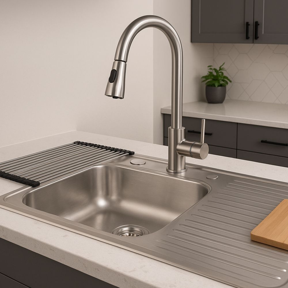 Kit Premium CNX: Tarja Grande con Escurridor Derecho, Mezcladora Retráctil y Accesorios de Instalación