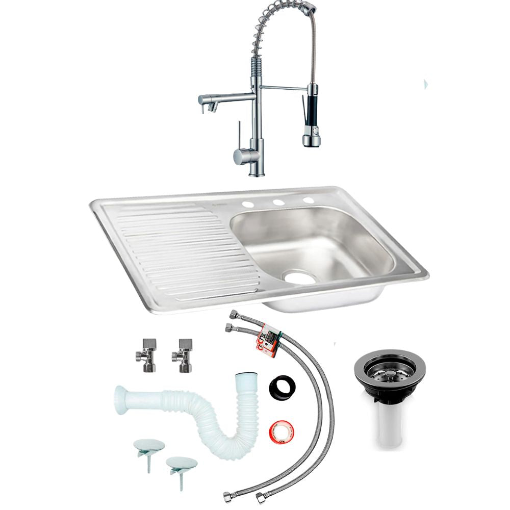 Kit Perrón Premium: Tarja Grande con Escurridor Izquierdo, Mezcladora y Accesorios de Instalación