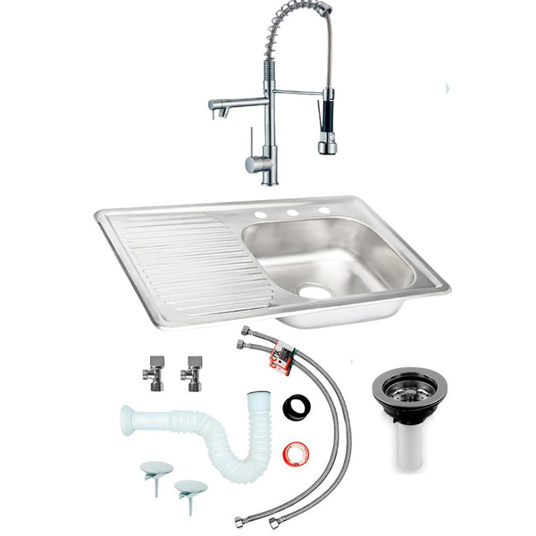 Kit Perrón Premium: Tarja Grande con Escurridor Izquierdo, Mezcladora y Accesorios de Instalación
