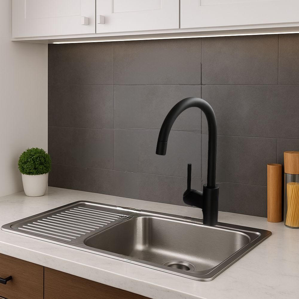Kit Completo CNX: Tarja con Escurridor Izquierdo 80 × 50 cm, Mezcladora Monomando Negra y Accesorios de Instalación