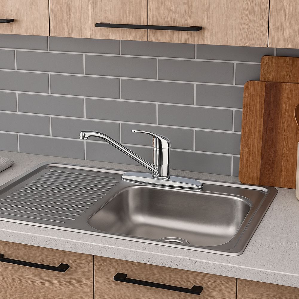 Kit Completo CNX: Tarja con Escurridor Izquierdo 80 × 50 cm, Mezcladora Cromada y Accesorios de Instalación 3