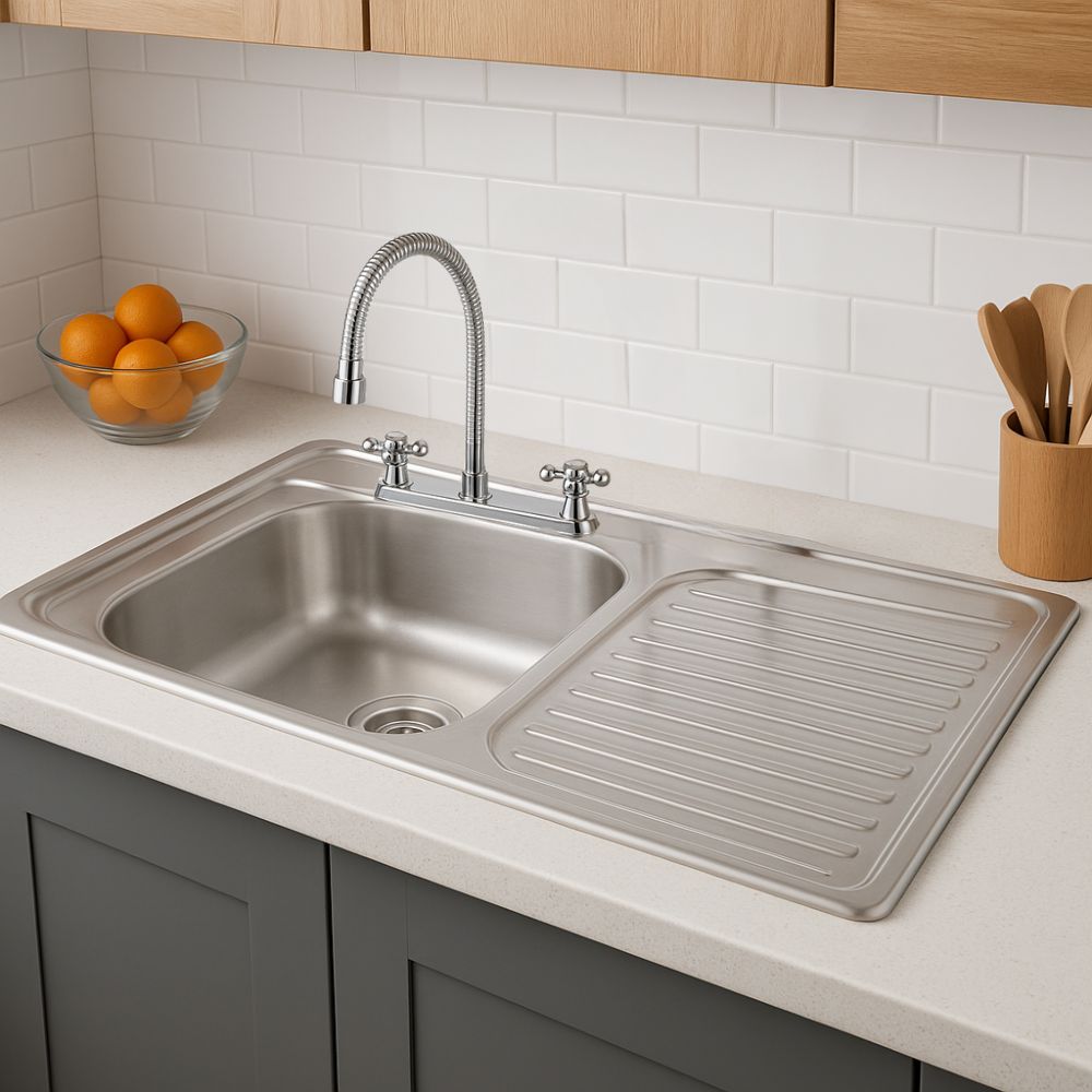 Kit Perron De Tarja: Tarja con Escurridor Derecho 80 × 50 cm, Mezcladora Flexible y Accesorios de Instalación 3