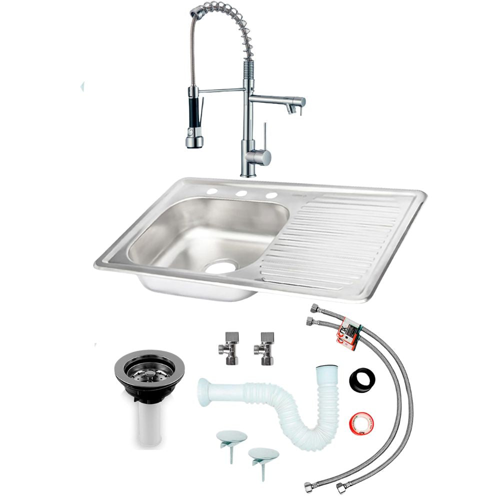 Kit Perrón Premium: Tarja Grande con Escurridor Derecho, Mezcladora y Accesorios de Instalación
