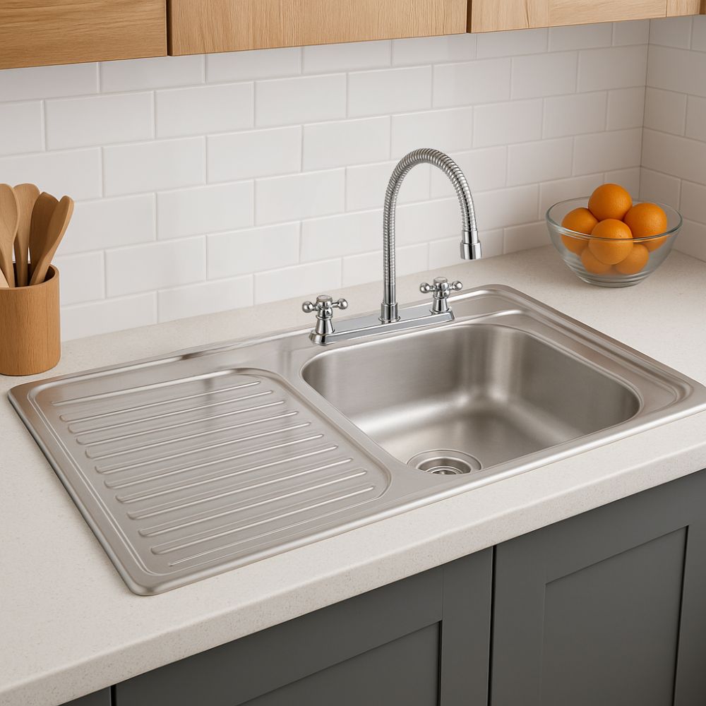 Kit Perron De Tarja: Tarja con Escurridor Izquierdo 80 × 50 cm, Mezcladora Flexible y Accesorios de Instalación