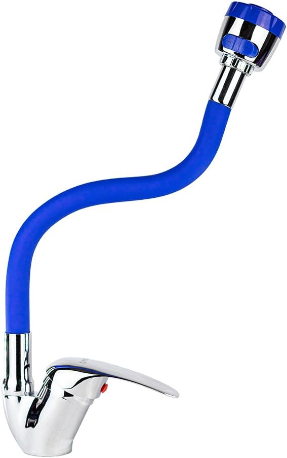 Mezcladora Monomando con Cuello Flexible de Silicón para Fregadero, Doble Chorro, Incluye Mangueras, Diseño Cromo y Azul 5
