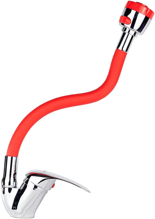 Mezcladora Monomando con Cuello Flexible de Silicón para Fregadero, Doble Chorro, Incluye Mangueras, Diseño Cromo y Rojo 5