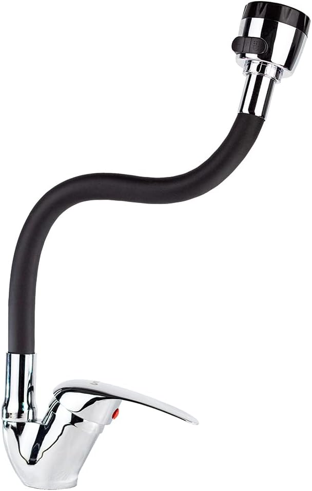 Mezcladora Monomando con Cuello Flexible de Silicón para Fregadero, Doble Chorro, Incluye Mangueras, Diseño Cromo y Negro 6
