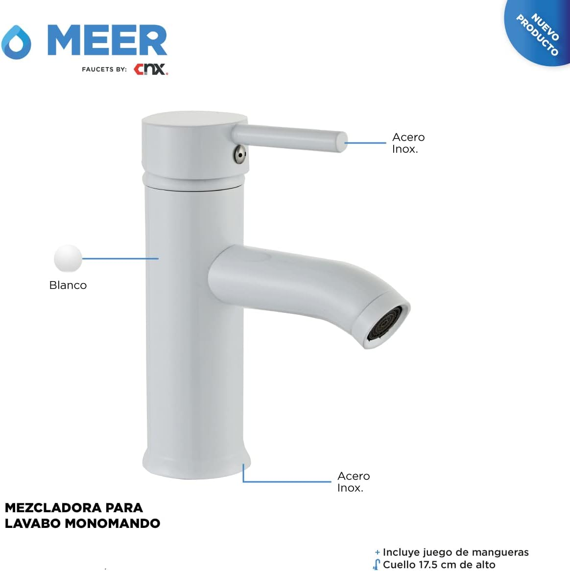 Mezcladora Monomando para Lavabo en Blanco Mate, Acero Inoxidable, 21 cm de Altura, Incluye Mangueras y Fácil Instalación 4