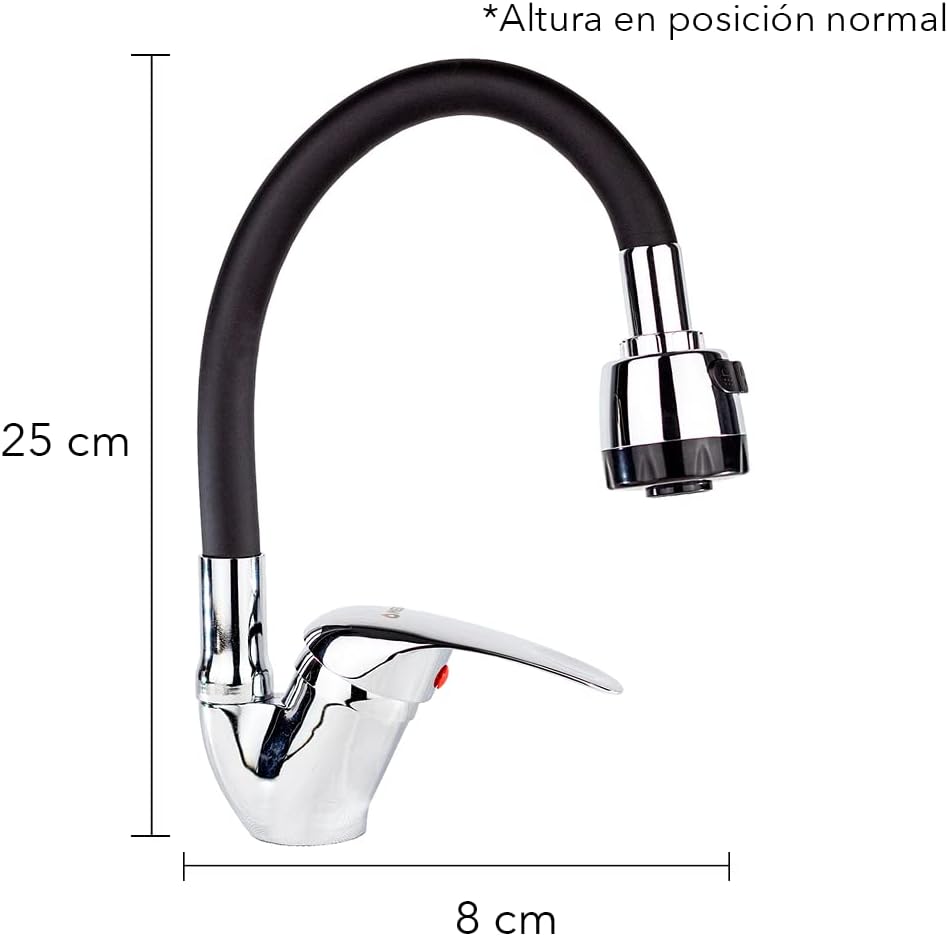 Mezcladora Monomando con Cuello Flexible de Silicón para Fregadero, Doble Chorro, Incluye Mangueras, Diseño Cromo y Negro 3