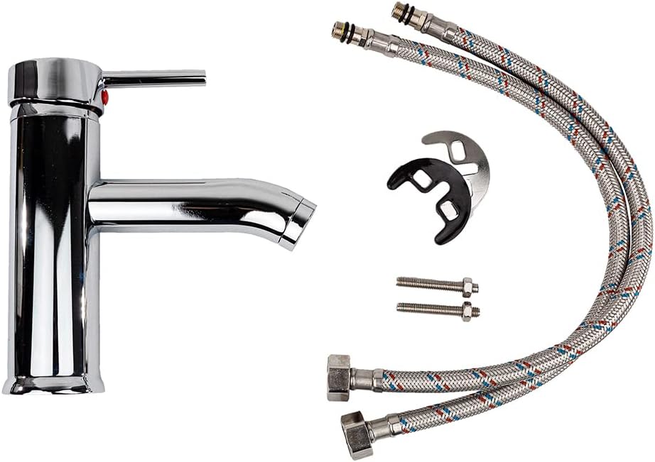 Mezcladora Monomando para Lavabo Cromada, Acero Inoxidable y Zinc, 16.5 cm de Altura, Ahorro de Agua, Incluye Mangueras 4