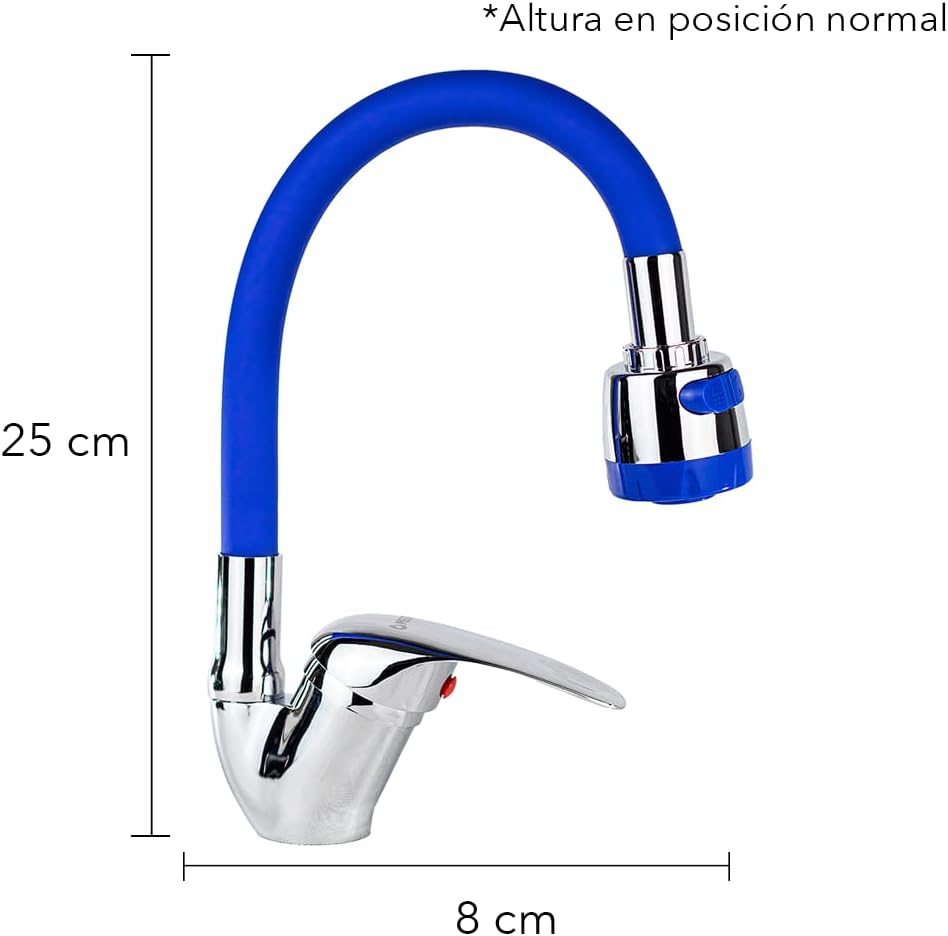 Mezcladora Monomando con Cuello Flexible de Silicón para Fregadero, Doble Chorro, Incluye Mangueras, Diseño Cromo y Azul 3