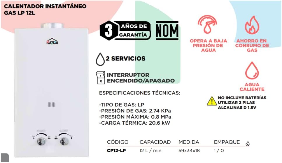 Boiler de Paso KATOA 12 Litros – Gas LP, Baja Presión y Ahorro de Energía 3