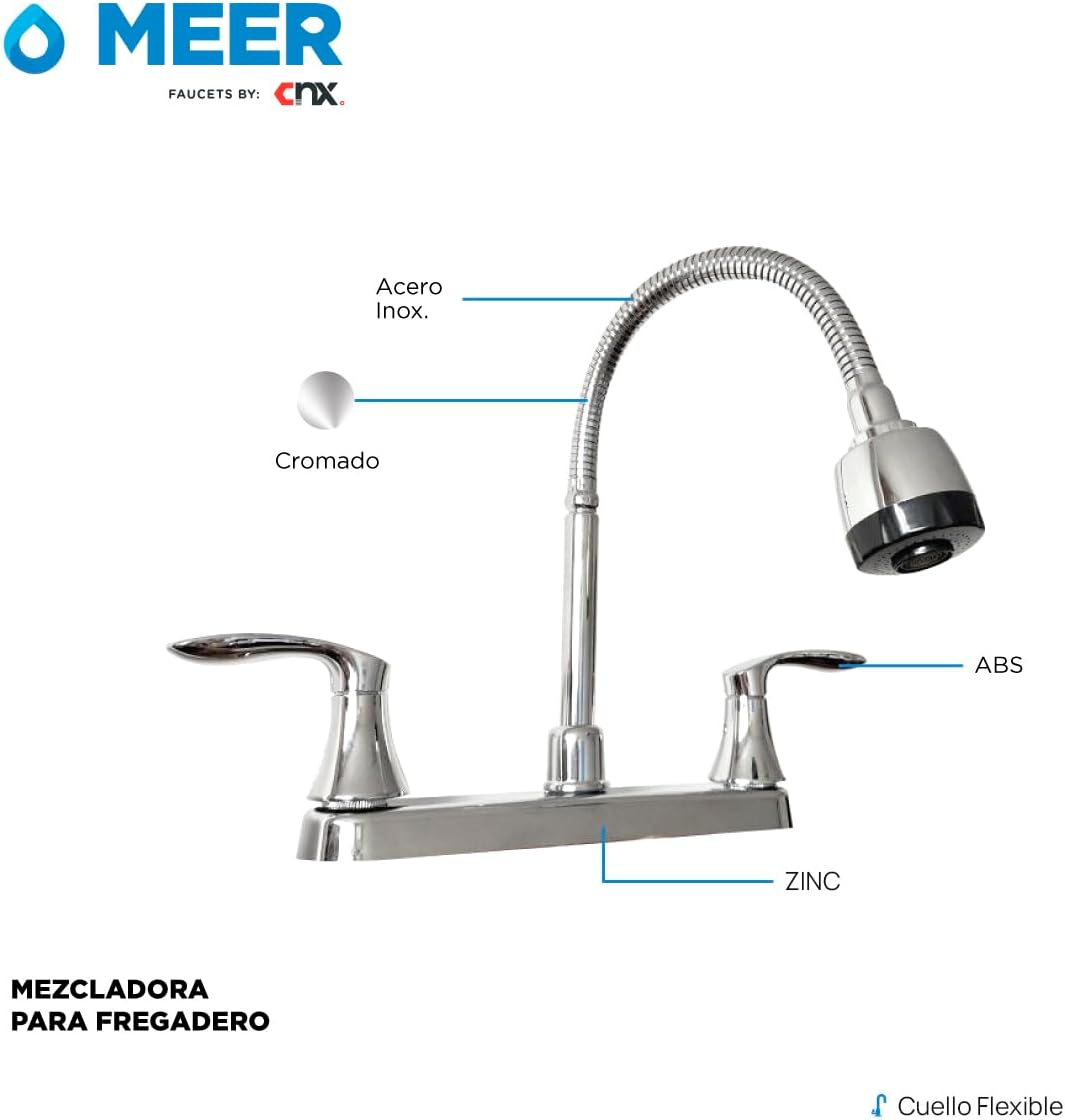 Mezcladora para Fregadero con Cuello Rígido y Giro de 1/4, Acabado Cromado, Fabricada en Acero Inoxidable y Zinc, Altura de 30 cm (Copia) 4