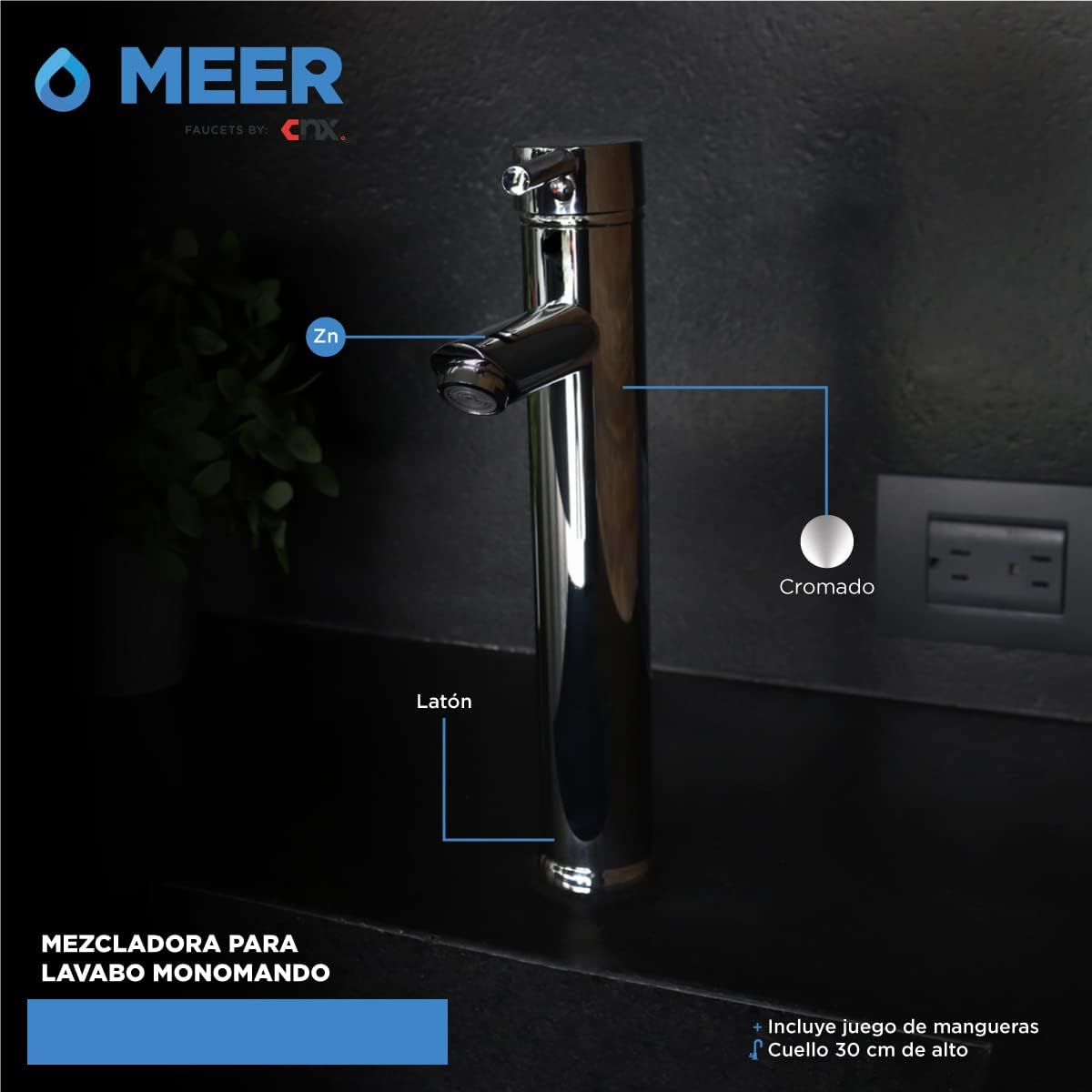 Mezcladora Monomando para Lavabo de 30 cm de Altura, Cuello Rígido, Fabricada en Latón y Zinc Cromado, Incluye Mangueras 3
