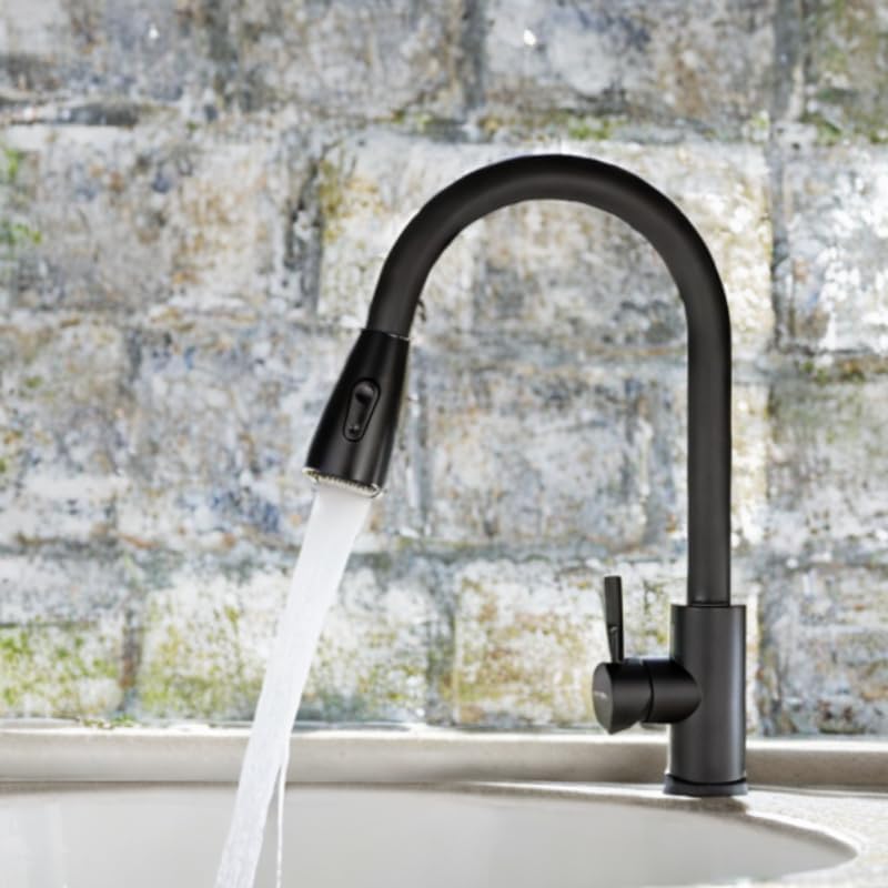 Mezcladora para Fregadero con Dos Funciones de Chorro y Cuello Retráctil (manguera de 55 cm) de Zinc y Latón Negro Mate