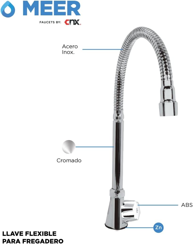 Llave Flexible de Acero Inoxidable para Fregadero de Cocina, Acabado Cromado, Giro 360°, Base de Latón e Instalación Universal 3