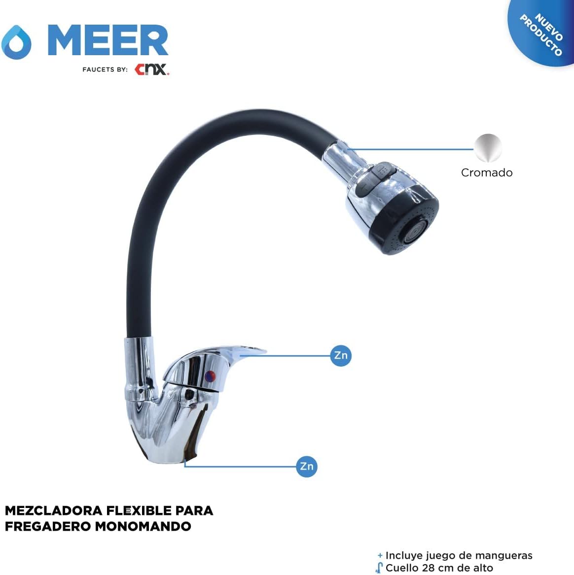 Mezcladora Monomando con Cuello Flexible de Silicón para Fregadero, Doble Chorro, Incluye Mangueras, Diseño Cromo y Negro 5