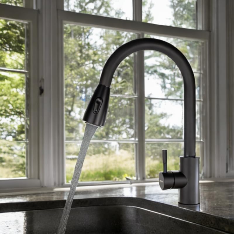 Mezcladora para Fregadero con Dos Funciones de Chorro y Cuello Retráctil (manguera de 55 cm) de Zinc y Latón Negro Mate 3