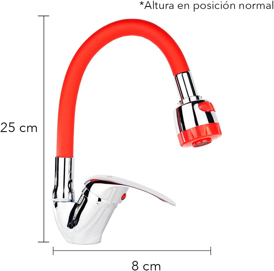 Mezcladora Monomando con Cuello Flexible de Silicón para Fregadero, Doble Chorro, Incluye Mangueras, Diseño Cromo y Rojo 3