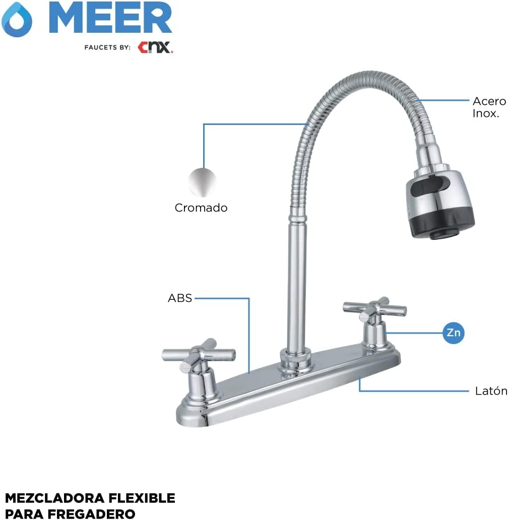 Mezcladora Flexible Cromada para Fregadero de Cocina, con Aireador, Fabricada en Acero Inoxidable, Latón y ABS 3