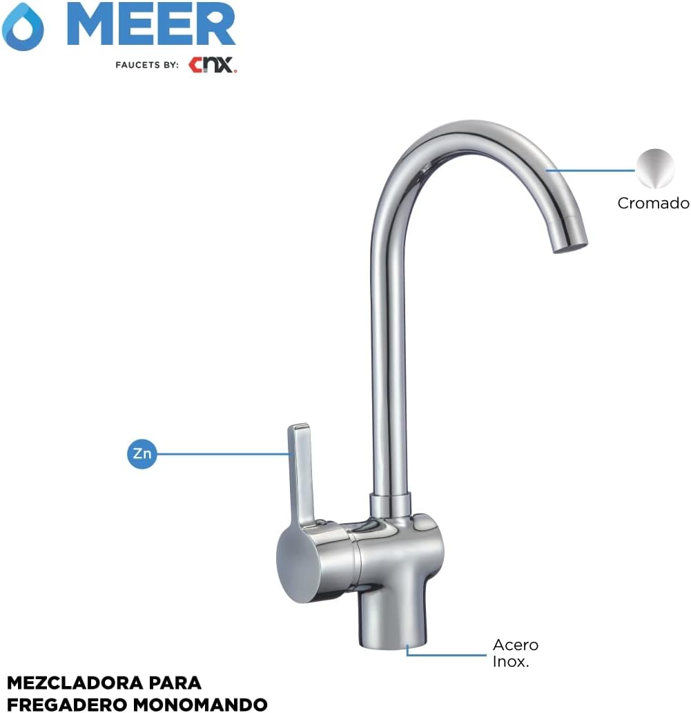 Mezcladora Monomando para Fregadero de Cocina de Latón en Acabado Cromado Fácil Instalación 5