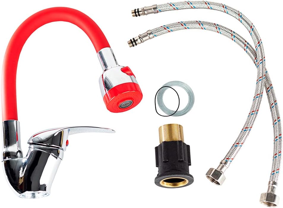Mezcladora Monomando con Cuello Flexible de Silicón para Fregadero, Doble Chorro, Incluye Mangueras, Diseño Cromo y Rojo 4