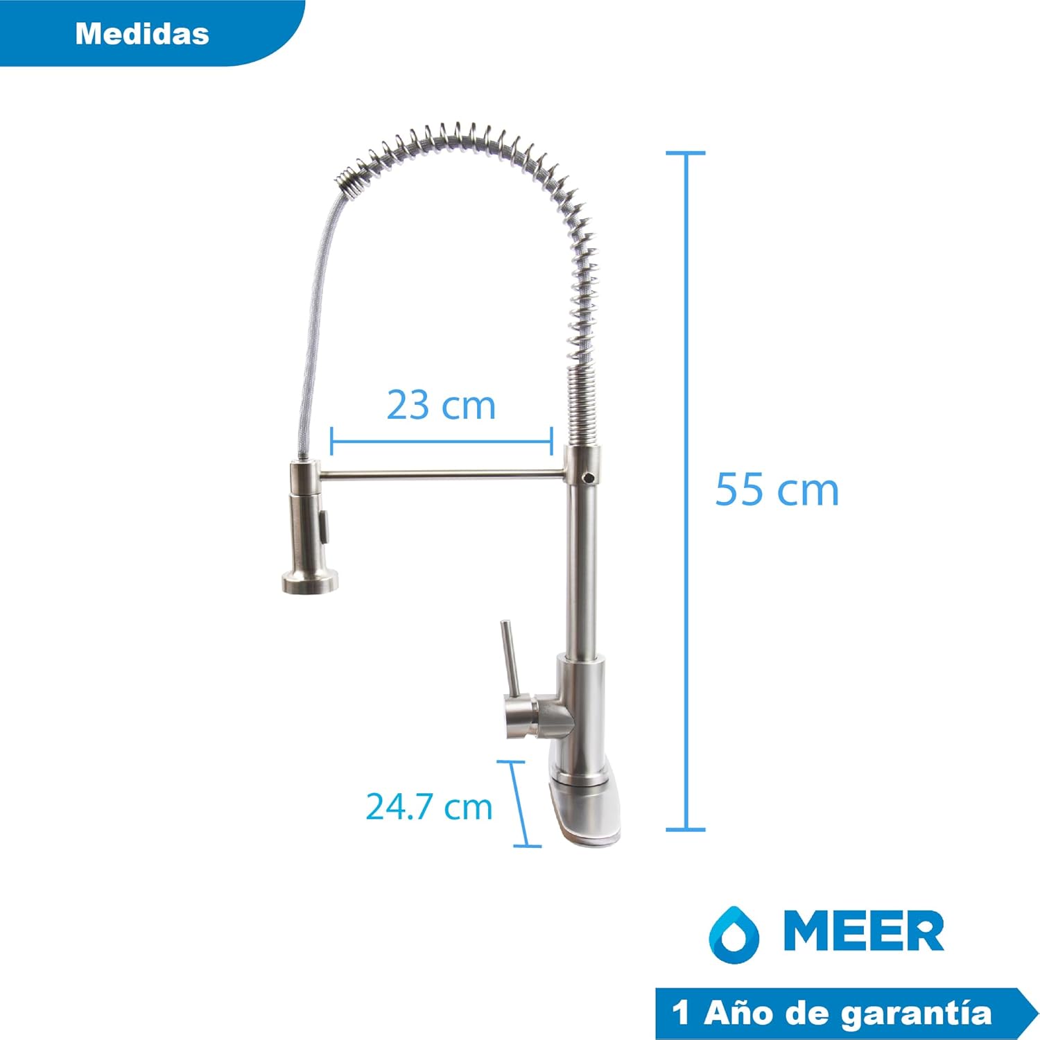 Mezcladora para Cocina de Acero Inoxidable Monomando con Cuello Flexible y Dos Funciones de Chorro, Cabezal Retráctil y Acabado Satinado 3