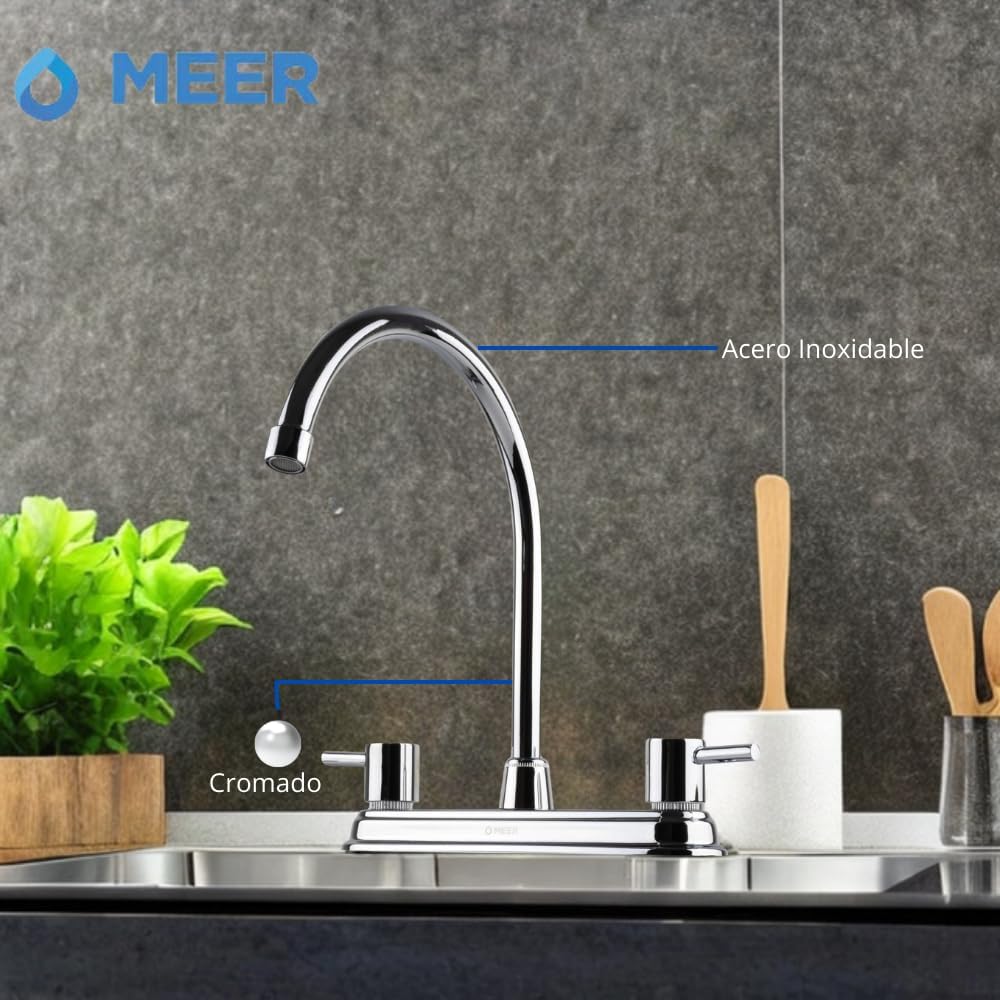Mezcladora para Fregadero MEER Faucets by CNX, Mezcladora para Cocina de Acero Inoxidable, Zinc y Latón Cromado. Cuello Rígido con Rotación de 1/4 5