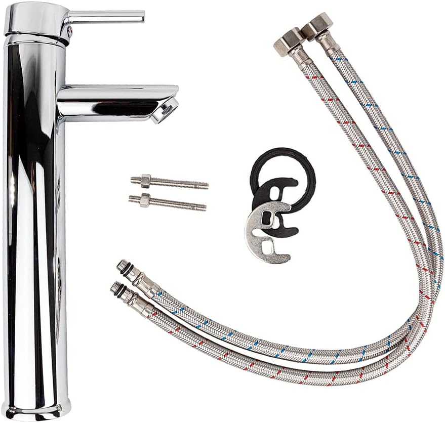 Mezcladora Monomando para Lavabo de 30 cm de Altura, Cuello Rígido, Fabricada en Latón y Zinc Cromado, Incluye Mangueras 4